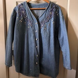 One-of-a-kind Embroidered and Beaded Denim Button-up